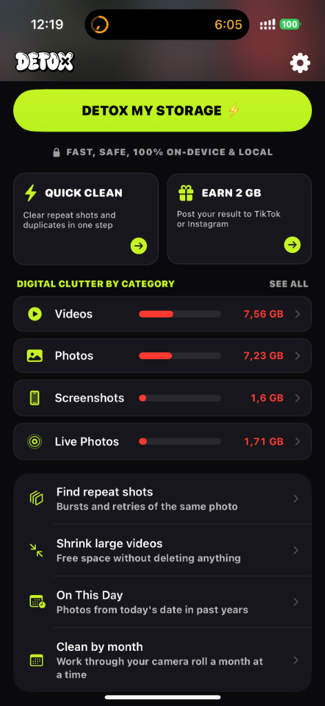 DETOX iOS App Real Home Screen